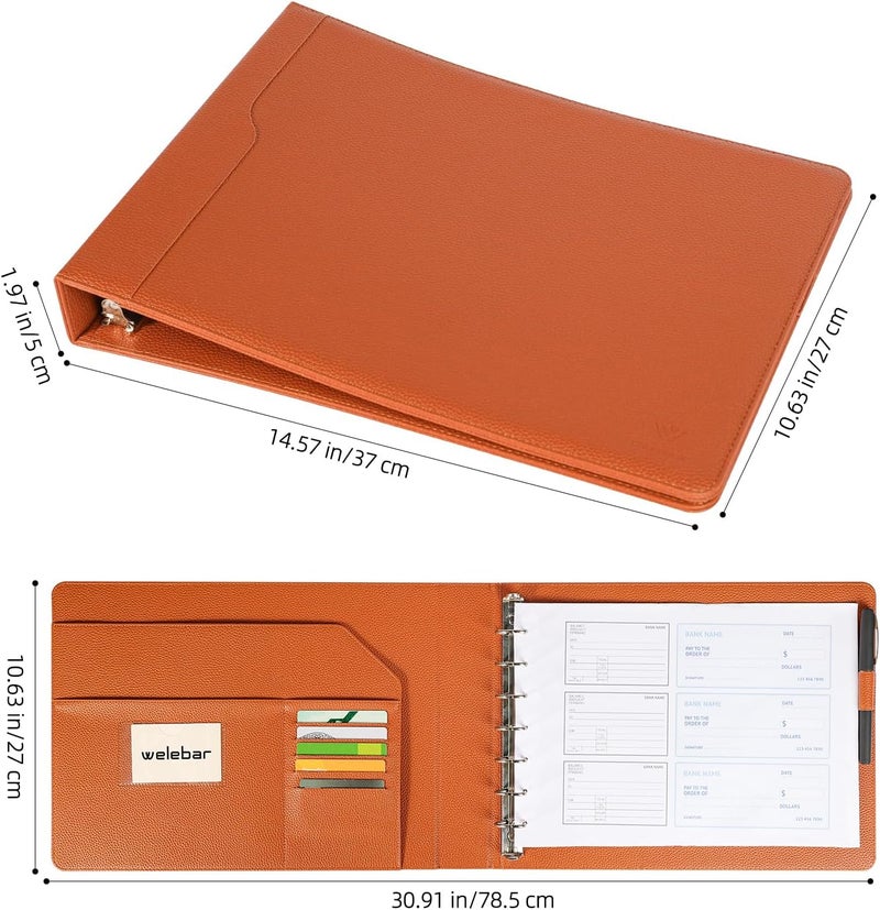 welebar 7-Ring Business Check Binder for 9 x 13 Sheets, 600 Checks Capacity PU Leather Portfolio with Storage Organizer & Zippered Pouch for 3-on-a-Page Business Checks - Image 2
